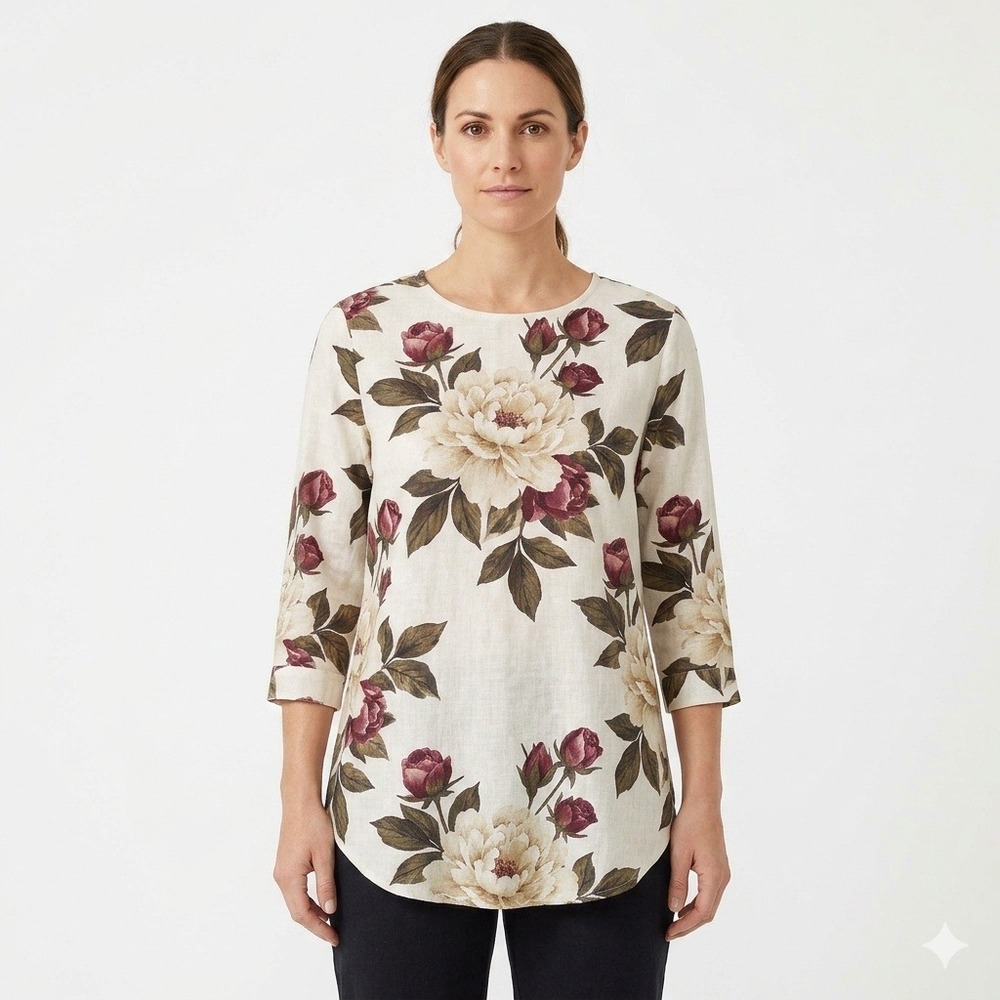 Women Blouse Large Floral 3/4 Sleeve Tunic Top Cream Burgundy‎ Peony Print